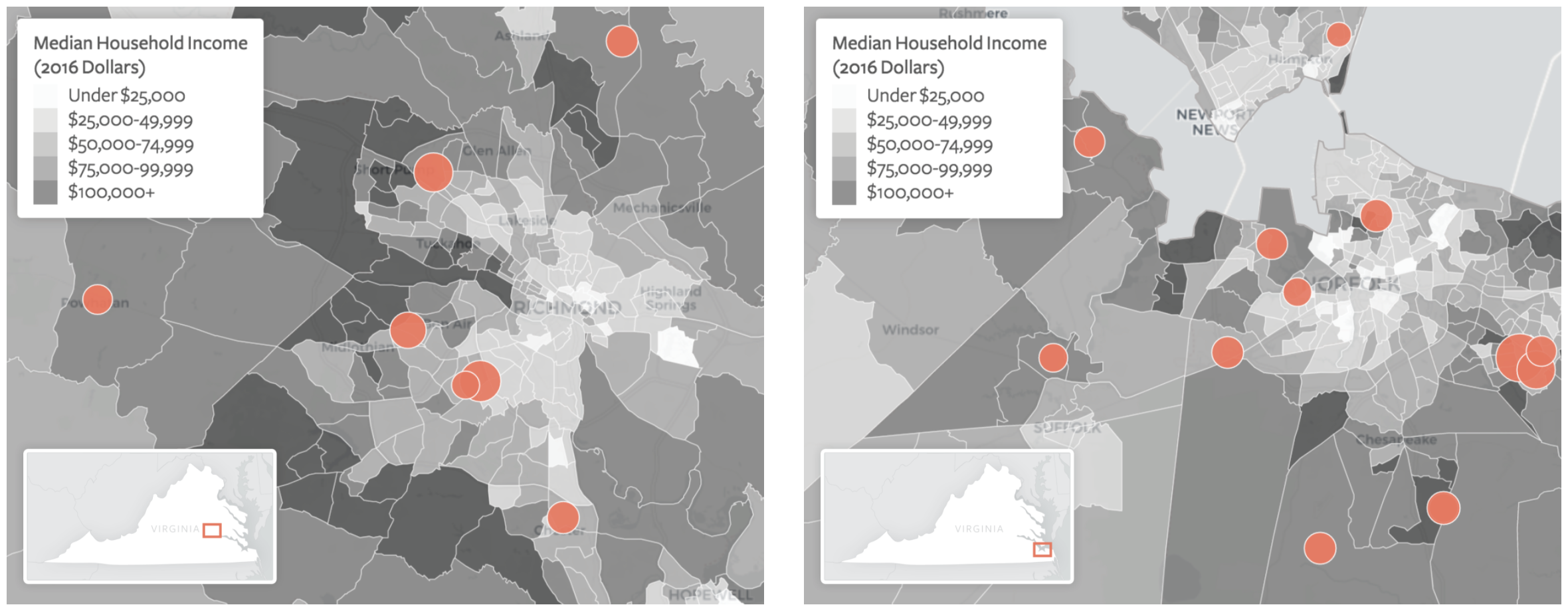 Maps of the Richmond and Norfolk areas of Virginia show competitive soccer clubs operating out of higher income, more suburban census tracts.